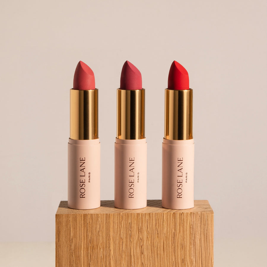 Rouges à lèvres naturel Bois de Rose, Murmure Sauvage, Rouge Rendez-vous Rose Lane Paris